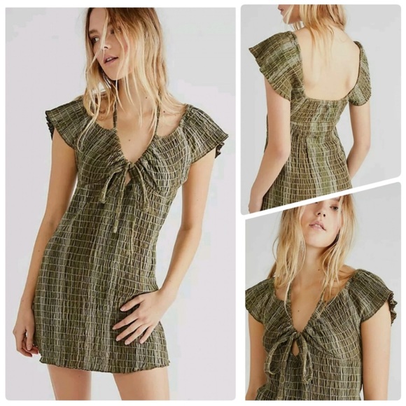 NEW Free People Tropical Feels Mini Dress Olive Green Beachy‎ Stretchy Womens L - Picture 1 of 8